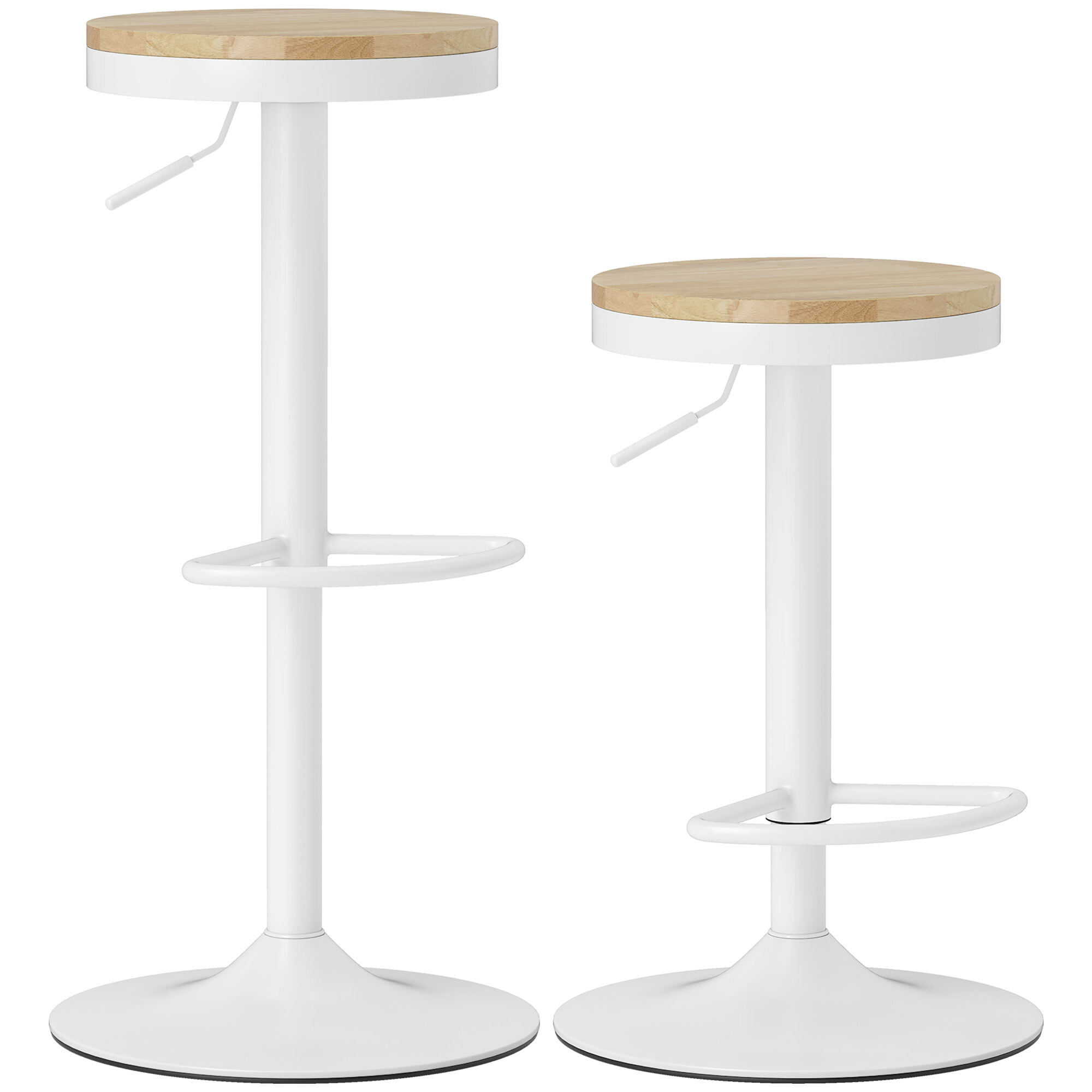 Juego de 2 Taburetes de Bar Giratorios Taburetes Altos de Cocina con Altura Ajustable 60-80 cm Asiento de Madera Marco de Acero y Reposapiés para Comedor Mostrador Natural y Blanco