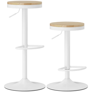 Juego de 2 Taburetes de Bar Giratorios Taburetes Altos de Cocina con Altura Ajustable 60-80 cm Asiento de Madera Marco de Acero y Reposapiés para Comedor Mostrador Natural y Blanco