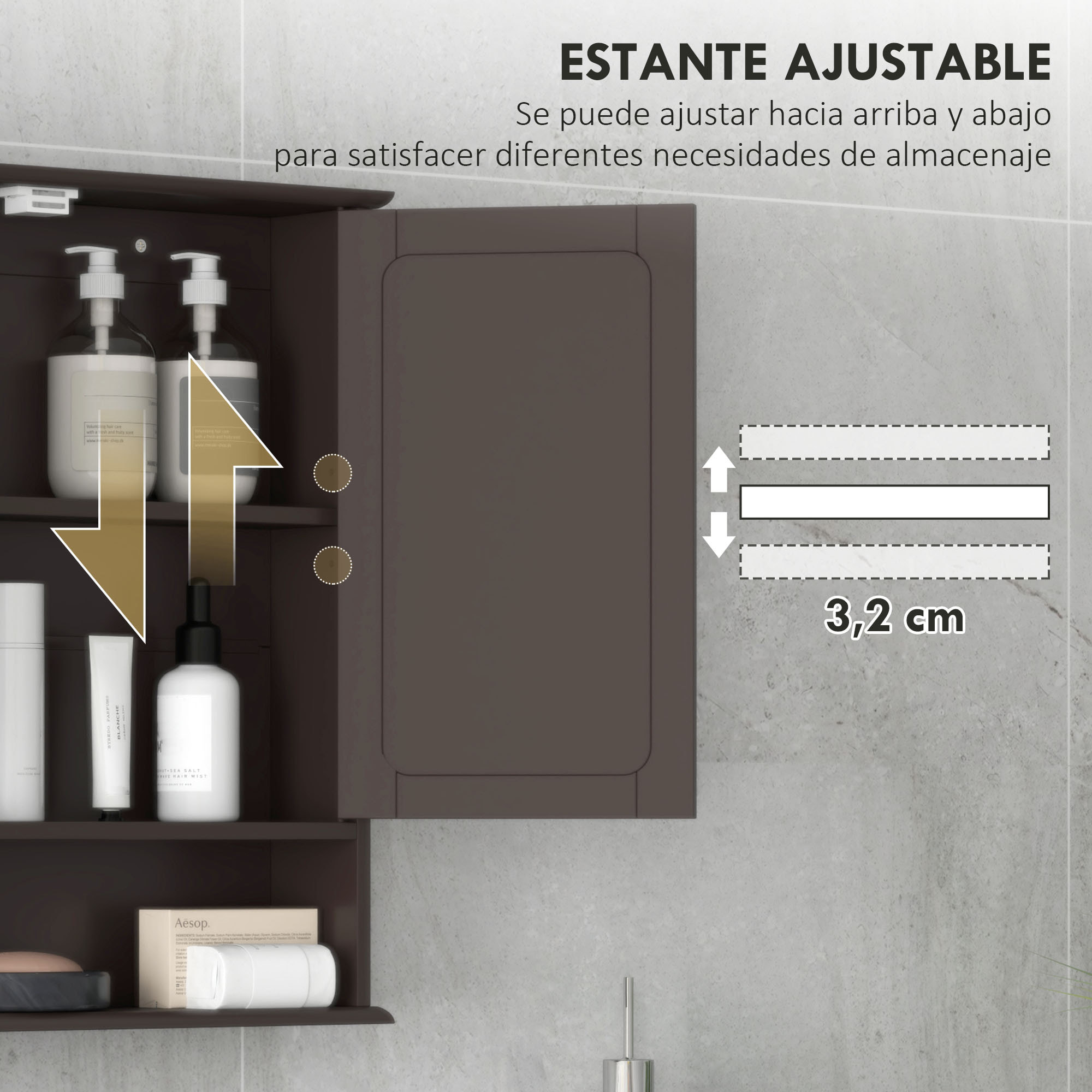 Armario de Baño con Espejo, Armario de Pared con 2 Puertas, Estante Abierto, Estante Ajustable, Mueble de Baño Colgar para Cocina, Salón, 56x13x58 cm, Marrón Oscuro