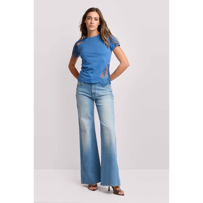 Kocca - T-shirt con inserti in pizzo Donna, Tinta unita, Girocollo