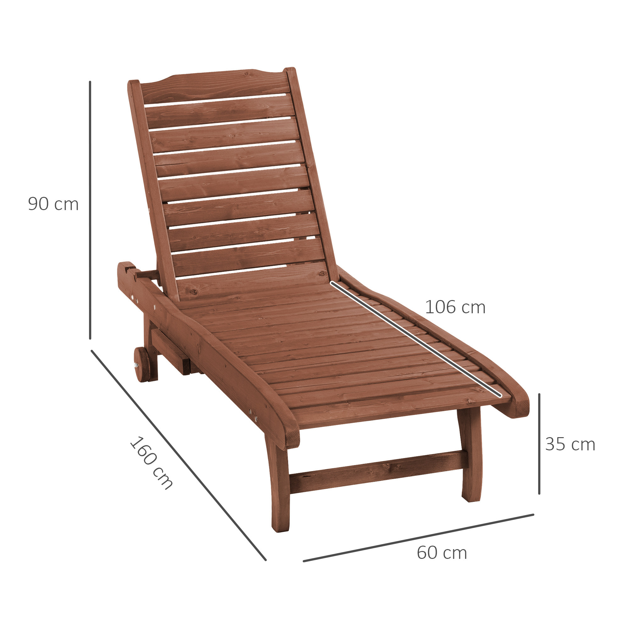 Tumbona de Madera Exterior Silla Reclinable de Jardín con 2 Ruedas Respaldo Ajustable en 3 Niveles y 1 Bandeja Carga 113 kg para Terraza Patio Natural
