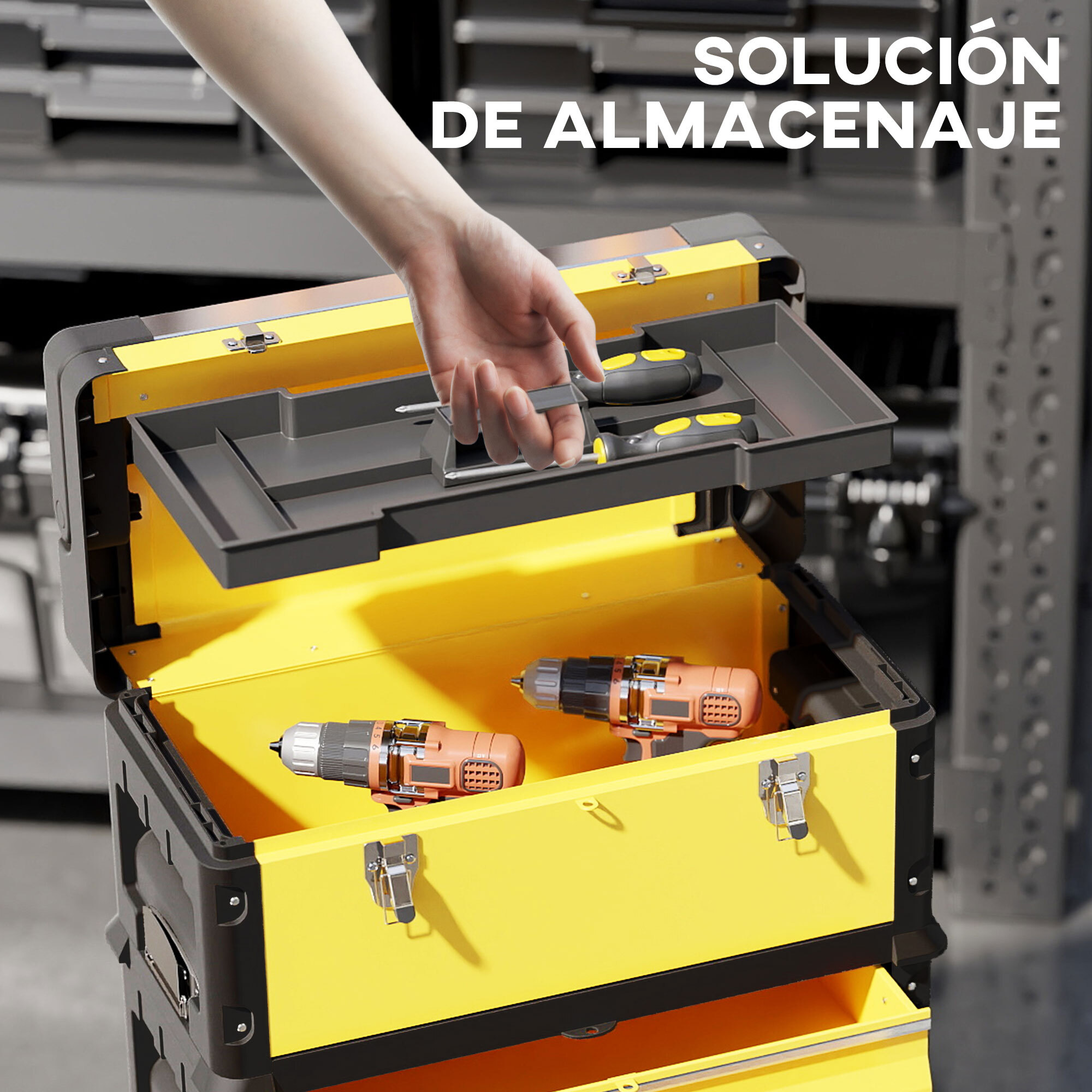 Tallar Móvil Apilable 3 en 1 Caja de Herramientas con Ruedas Carro de Herramientas de Acero con Bandeja Mango Telescópico Amarillo y Negro
