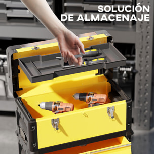 Tallar Móvil Apilable 3 en 1 Caja de Herramientas con Ruedas Carro de Herramientas de Acero con Bandeja Mango Telescópico Amarillo y Negro
