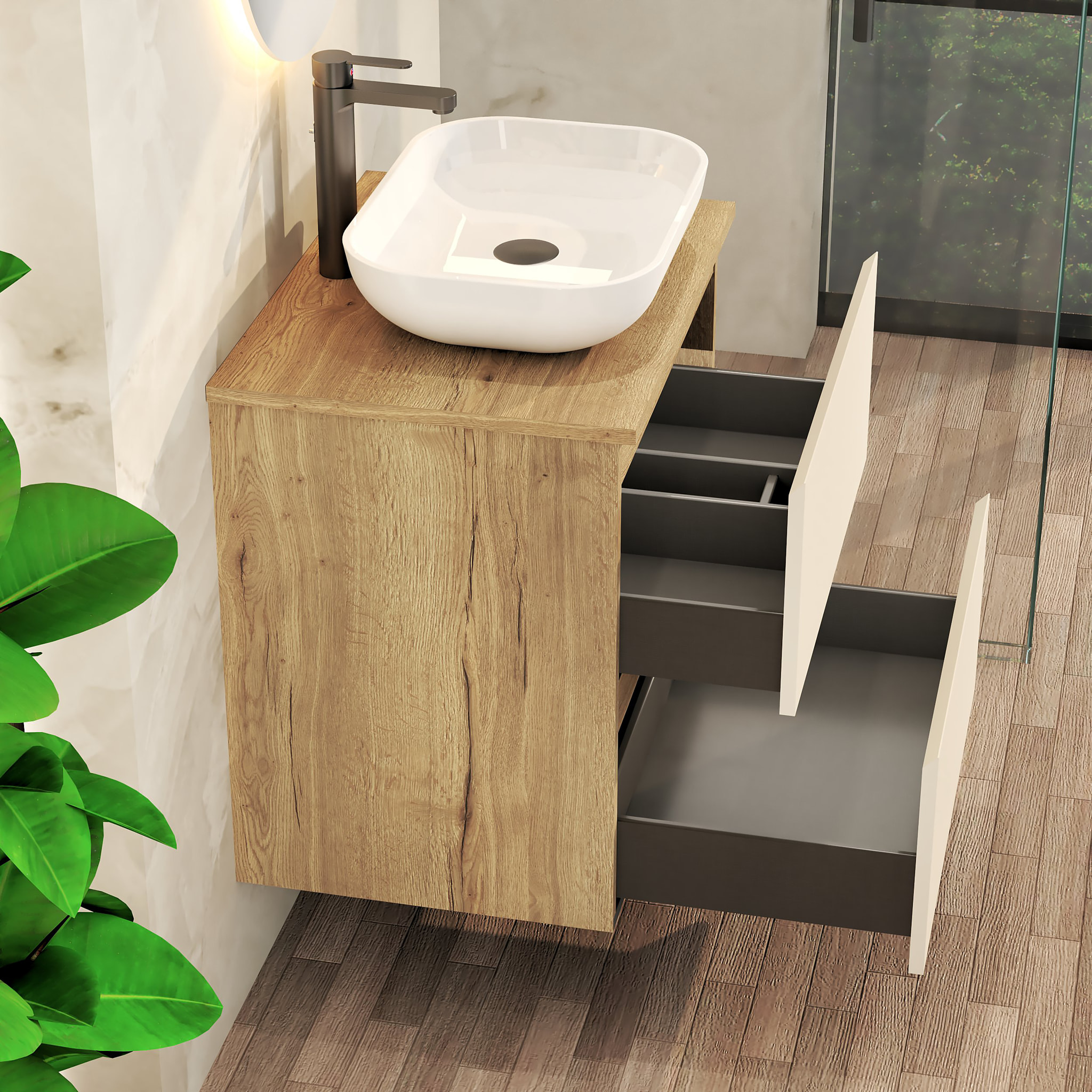 CONJUNTO DE BAÑO NIA | MUEBLE SUSPENDIDO | 60 CM GLACIAR | DOS CAJONES | LAVABO SOBREPUESTO | NO INCLUYE ESPEJO | MUEBLE MONTADO| ALDAY