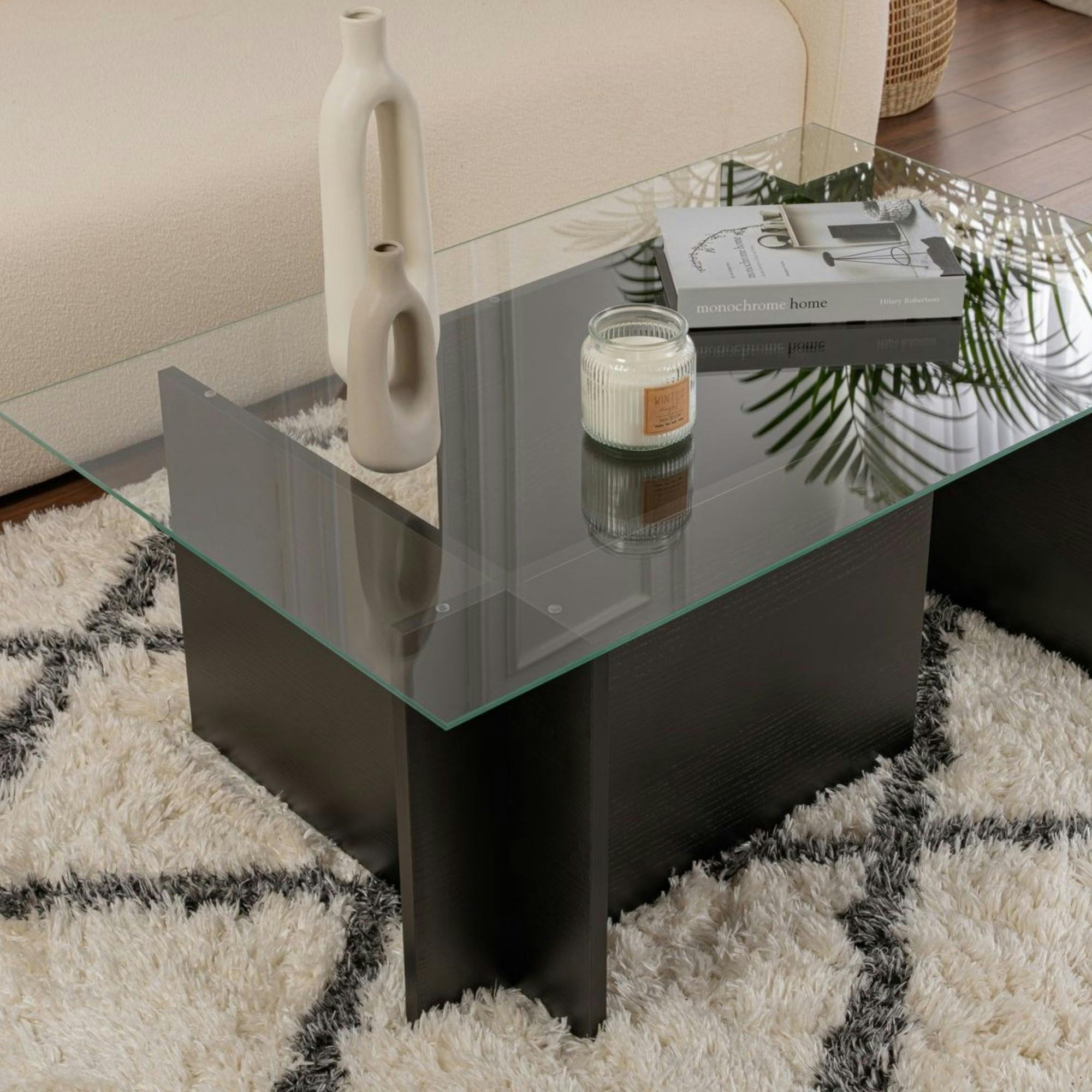 Table basse verre déstructurée – effet bois noir, H. 40 cm SALTA