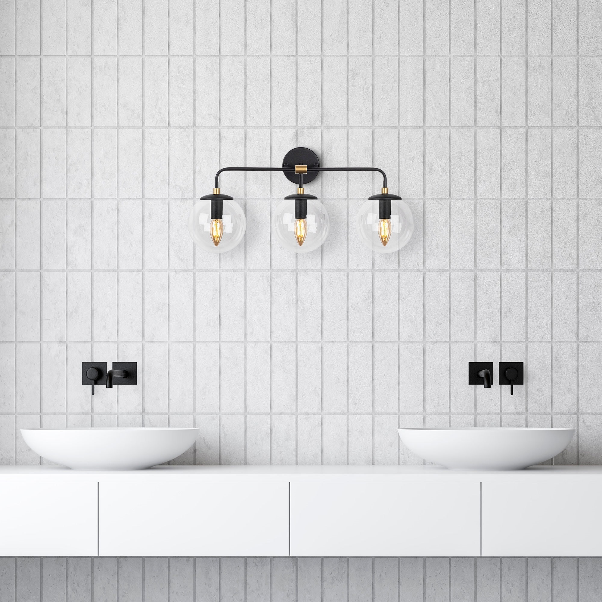 Aplique de pared pantalla transparente, metal , negro, 56x21x27, casquillo 3 x E14 Max 40 W