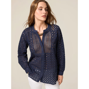 Oltre - Blusa de encaje inglés transparente - Azul