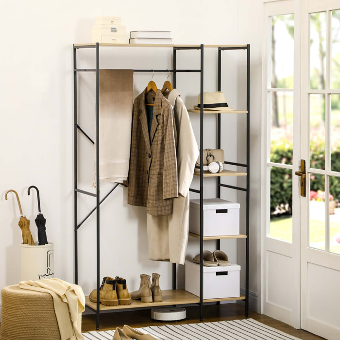 Penderie portant à vêtements style industriel en métal avec tringle et 4 étagères - dim. 100L x 46L x 170,5H cm - métal aspect chêne clair