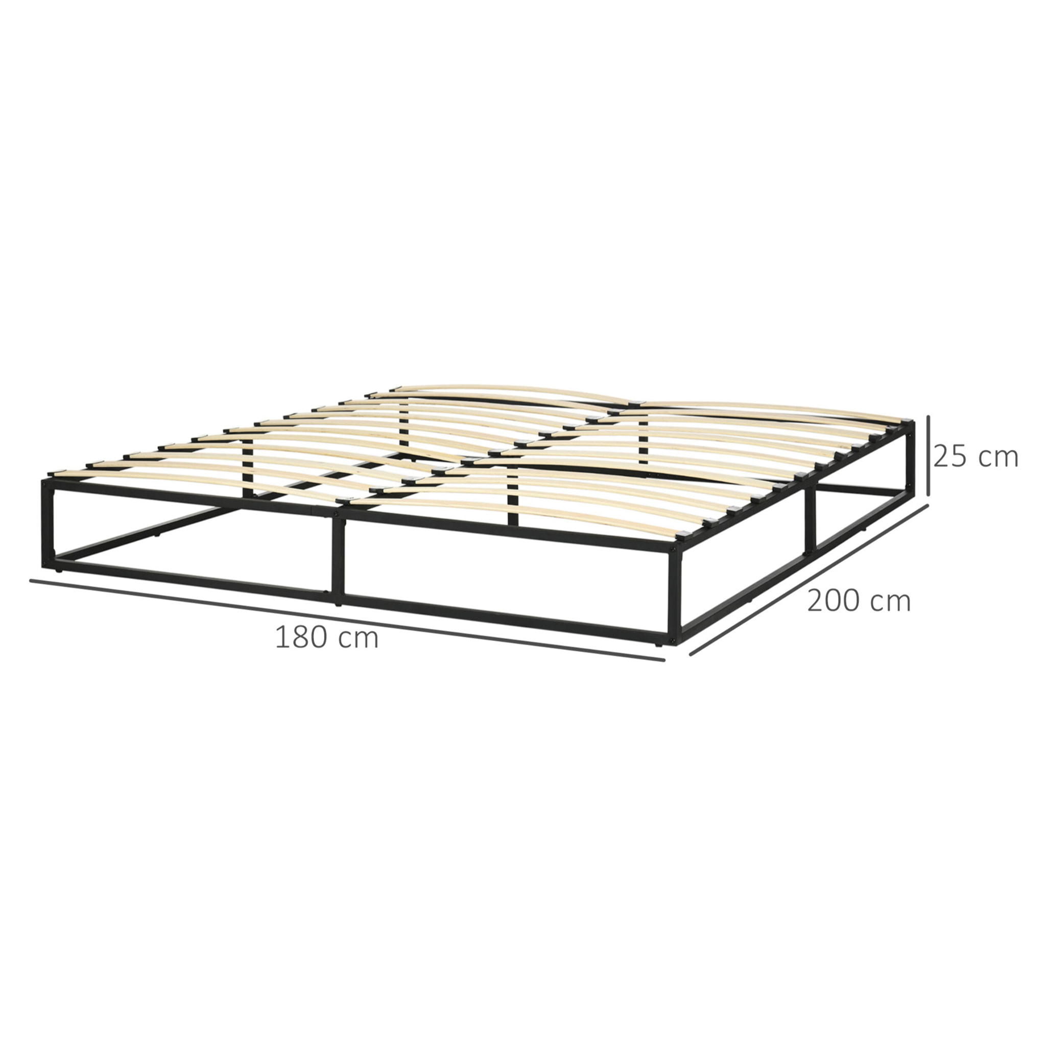 Marco de Cama de Acero Altura 25 cm Estructura de Cama para Colchón 180x200 cm Somier de Listones de Madera para 1-2 Personas Estilo Moderno Negro