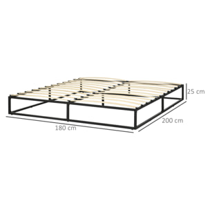 Marco de Cama de Acero Altura 25 cm Estructura de Cama para Colchón 180x200 cm Somier de Listones de Madera para 1-2 Personas Estilo Moderno Negro