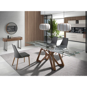 Consola rectangular en madera chapada en nogal natural y tapa de mármol porcelánico blanco con vetas en tonos tierra en brillo 120x40x76cm