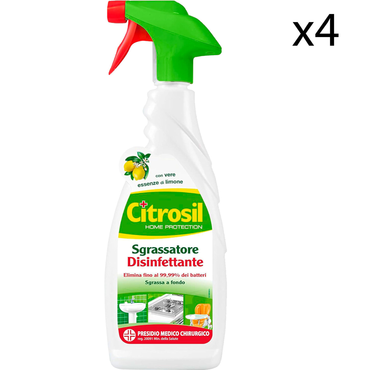 4x Citrosil Sgrassatore Spray Disinfettante con Essenze di Limone Presidio Medico Chirurgico - 4 Flaconi da 650ml