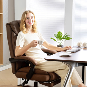 Silla de Escritorio con Reposapiés, Silla de Oficina Giratoria, con Respaldo Reclinable y Alto, Acolchado Grueso Doble, Tapizada en Cuero Sintético Resistente, Altura Ajustable, Marrón