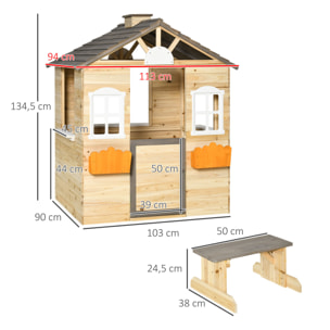 Casa de Jardín Infantil de Madera Casa de Juegos Exterior para Niños de 3 -7 Años con Ventanas 2 Jardineras y 1 Banco 113x94x134,5 cm Natural