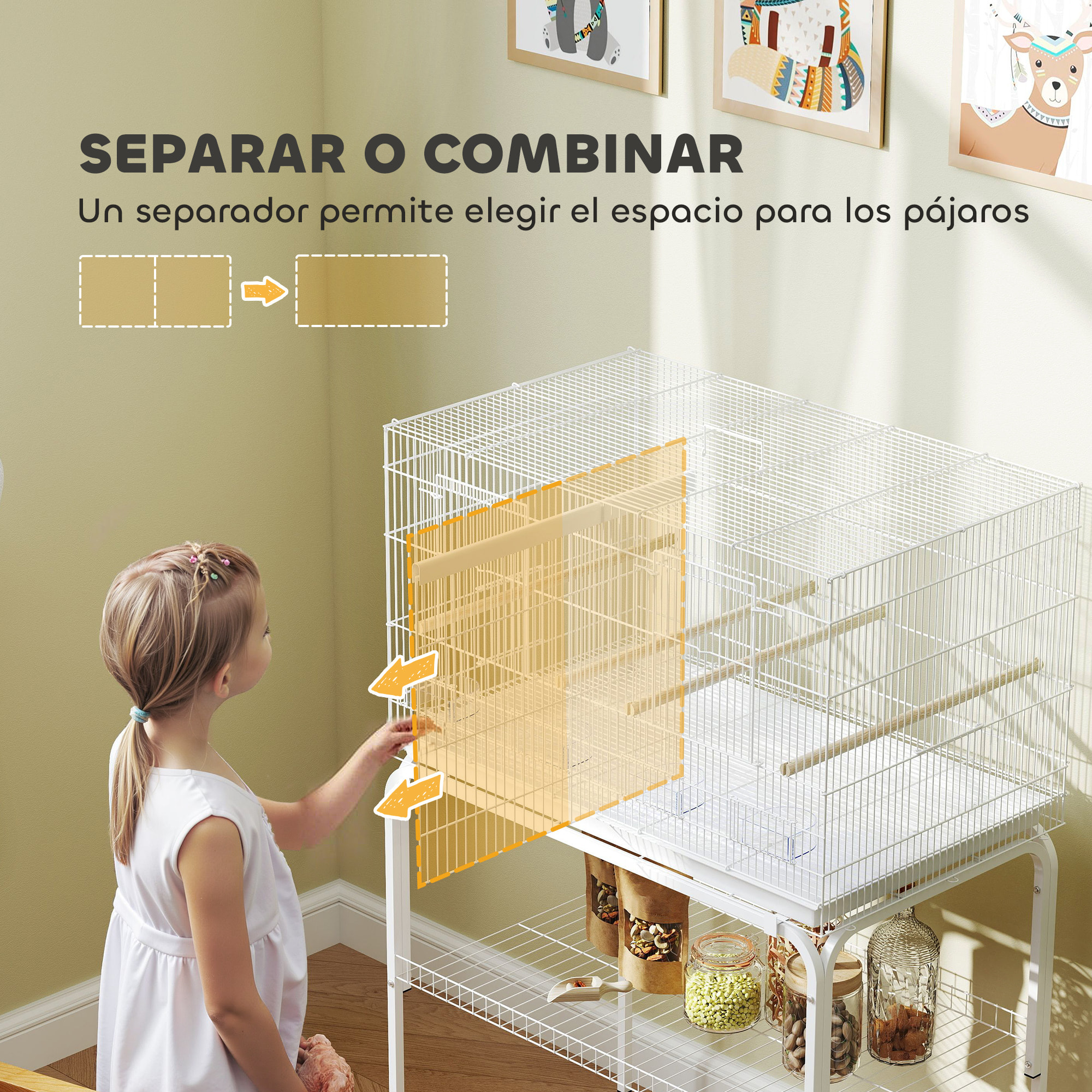 Jaula para Pájaros con Divisor Pajarera con Ruedas 4 Comederos 4 Perchas y Bandeja Extraíble Jaula para Loros Canarios Periquitos 76x46x116 cm Blanco