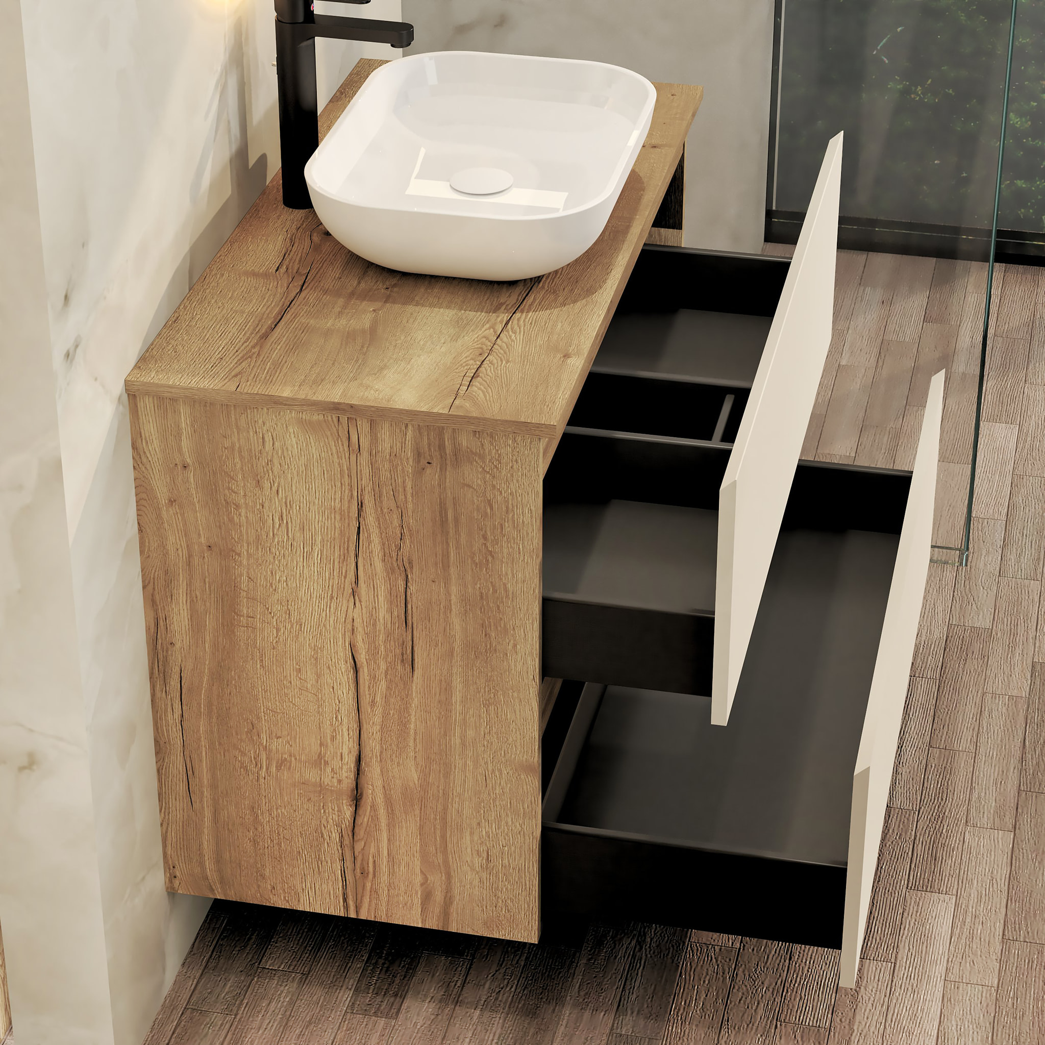 ENSEMBLE DE SALLE DE BAIN NIA | MEUBLE SUSPENDU | 80 CM GLACIER | DEUX TIROIRS |LAVABO SUR PLAN | MIROIR NON INCLUS | MEUBLE MONTÉ | ALDAY