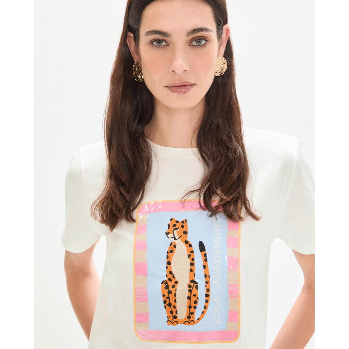 T-shirt con ricamo di animali e paillettes trasparenti
