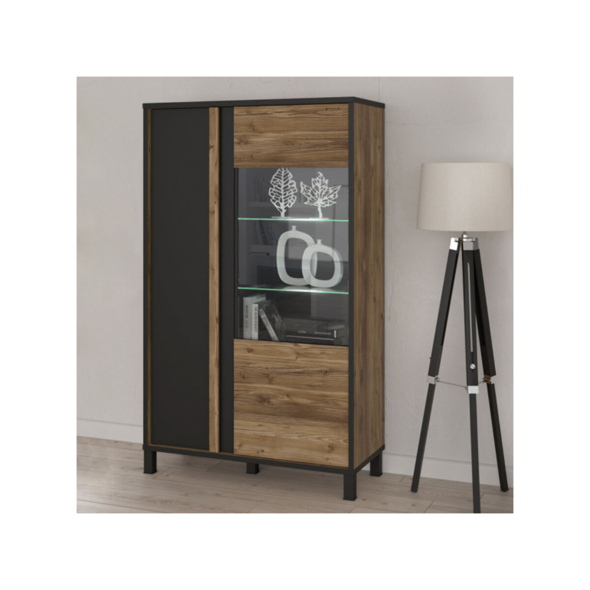 Vitrine H.158 cm en bois effet chêne et noir - YAL