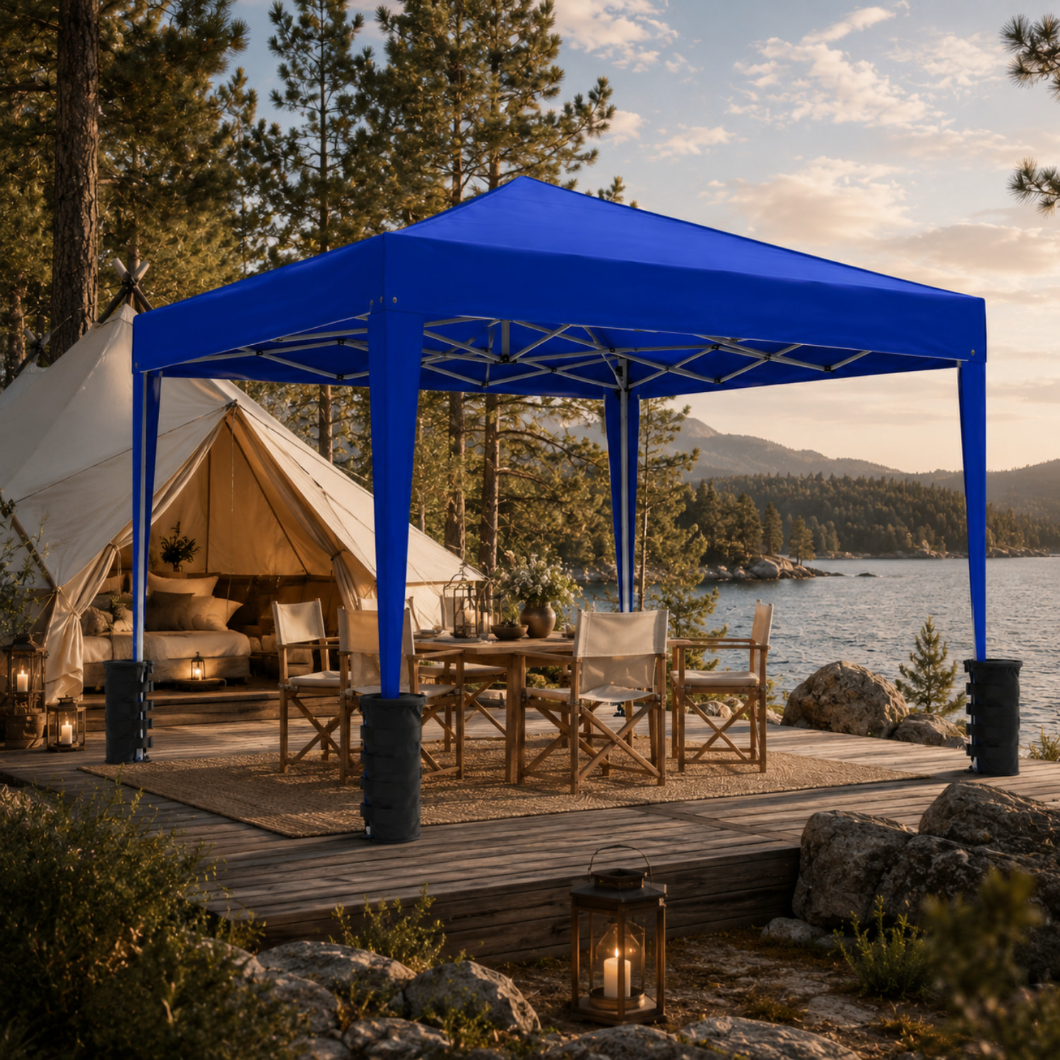 Gazebo Pieghevole Impermeabile 3 x 3 M Da Giardino Con 4 Sacche Pesi Sacca Trasporto Chiusura Fisarmonica Struttura Acciaio Copertura 160 gr/m² Blu