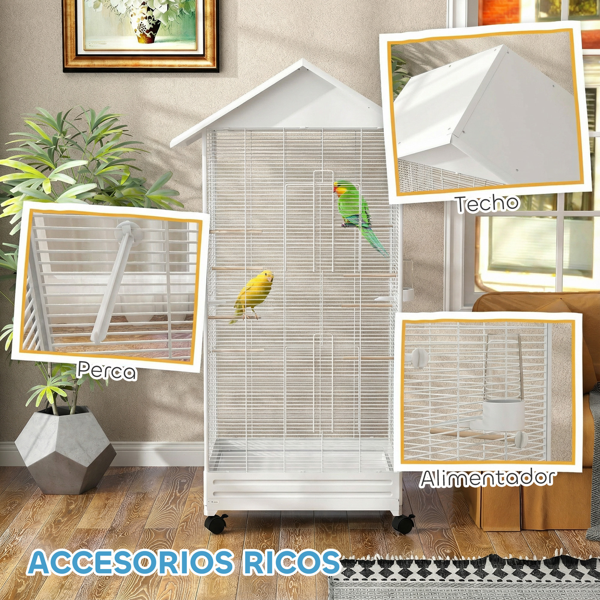Jaula para Pájaros con Ruedas, 79x65x155 cm, Jaula Grande con 2 Comederos, 8 Perchas, 4 Puertas y Bandeja Extraíble, Diseño del Techo, Pajarera para Pinzones y Canarios, Blanco