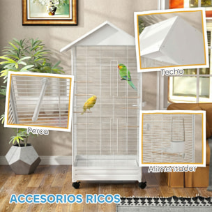 Jaula para Pájaros con Ruedas, 79x65x155 cm, Jaula Grande con 2 Comederos, 8 Perchas, 4 Puertas y Bandeja Extraíble, Diseño del Techo, Pajarera para Pinzones y Canarios, Blanco