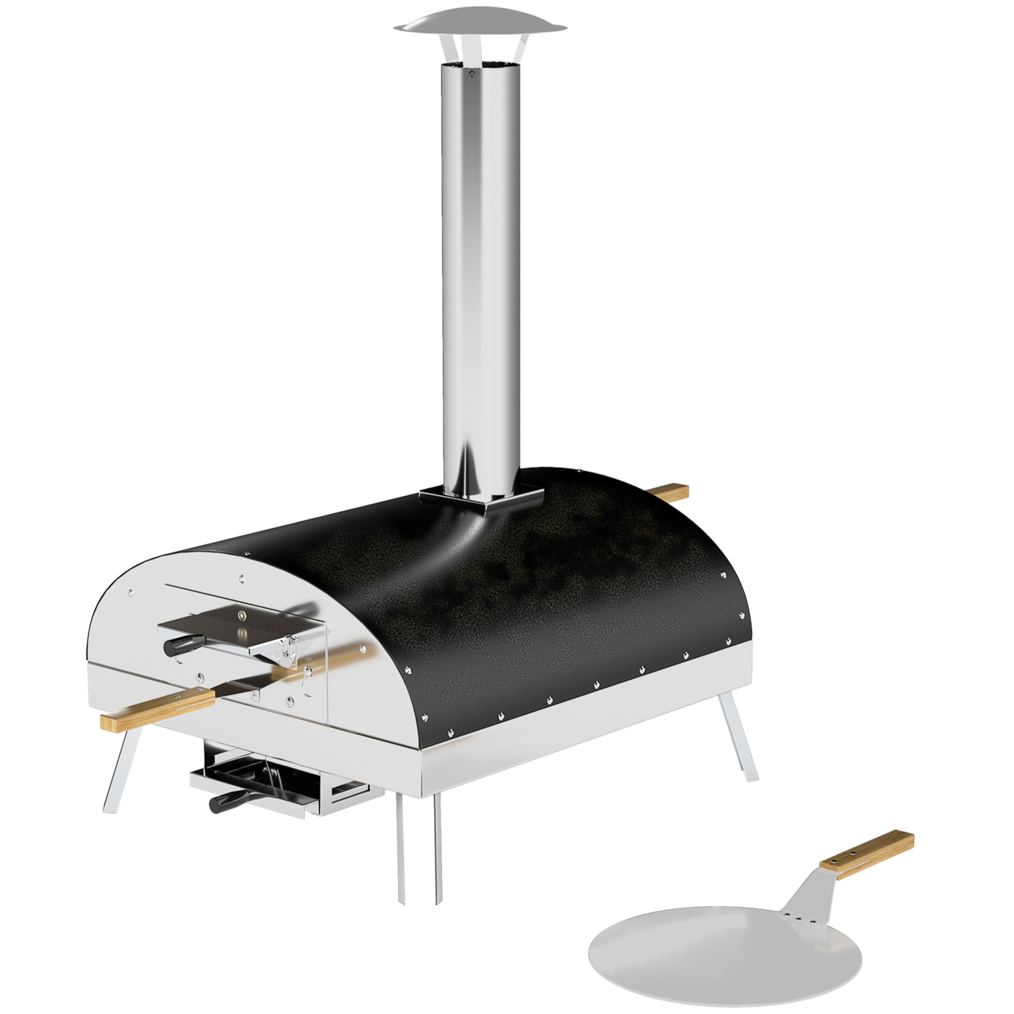 Mini Horno de Pizza Exterior Portátil Horno de Leña con Piedra Refractaria Ø33 cm Mangos de Madera Termómetro y Bandeja Giratoria para Jardín Terraza Camping Patio