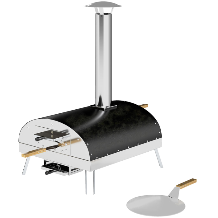 Mini Horno de Pizza Exterior Portátil Horno de Leña con Piedra Refractaria Ø33 cm Mangos de Madera Termómetro y Bandeja Giratoria para Jardín Terraza Camping Patio