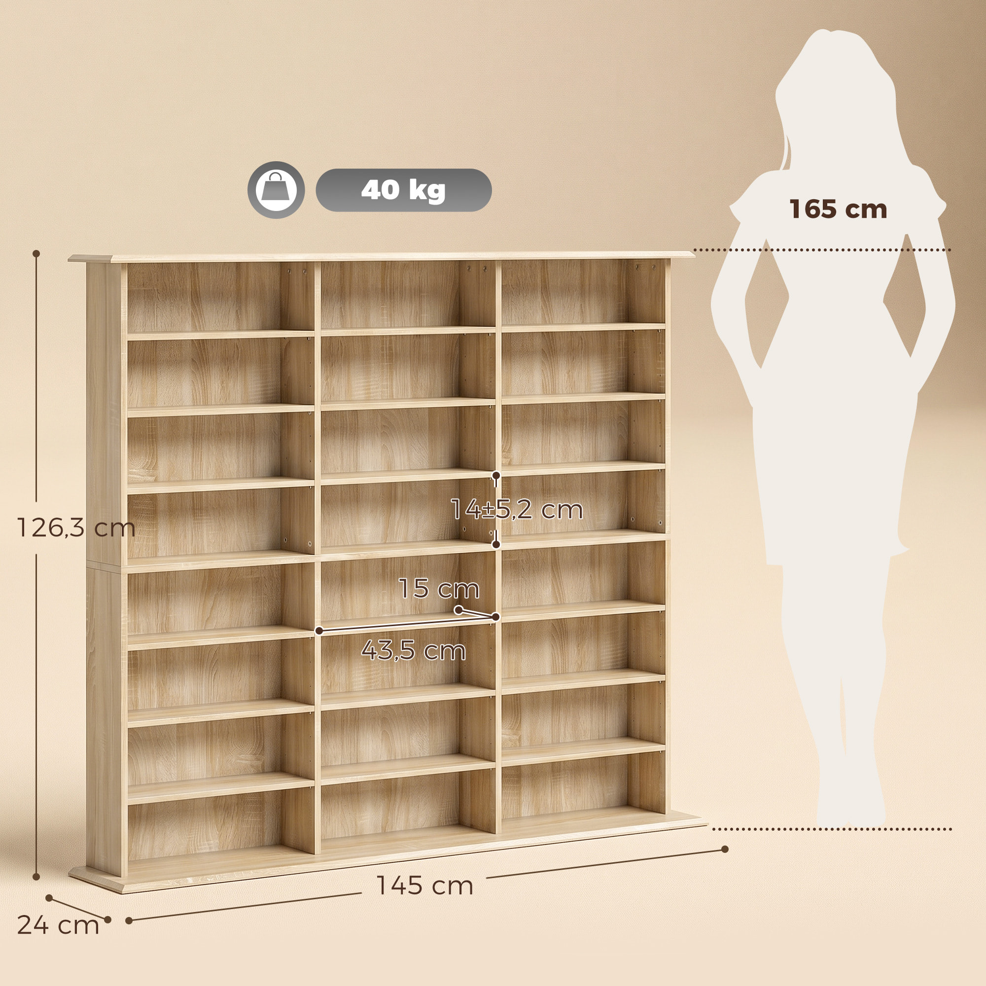 Rangement CD et DVD 24 compartiments 18 étagères réglables effet bois clair