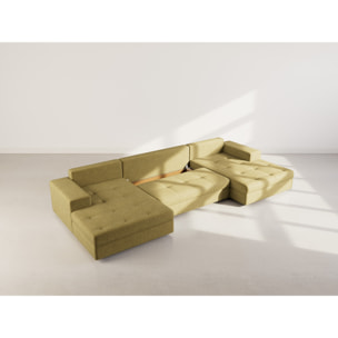 Bastian - canapé panoramique en U 7 places convertible avec coffre en velours texturé - Vert Olive