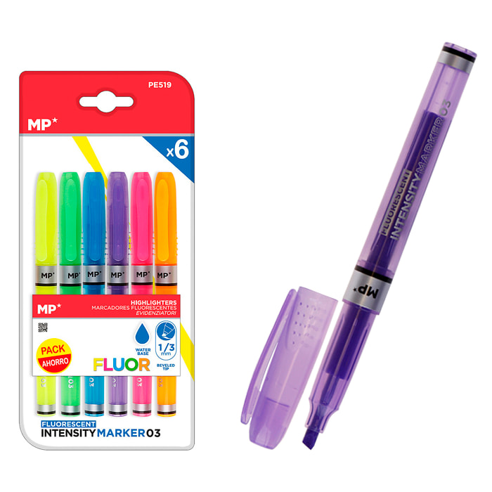 MARCADOR FLUORESCENTE CON CUERPO TRANSPARENTE 6 Uds. PACK AHORRO