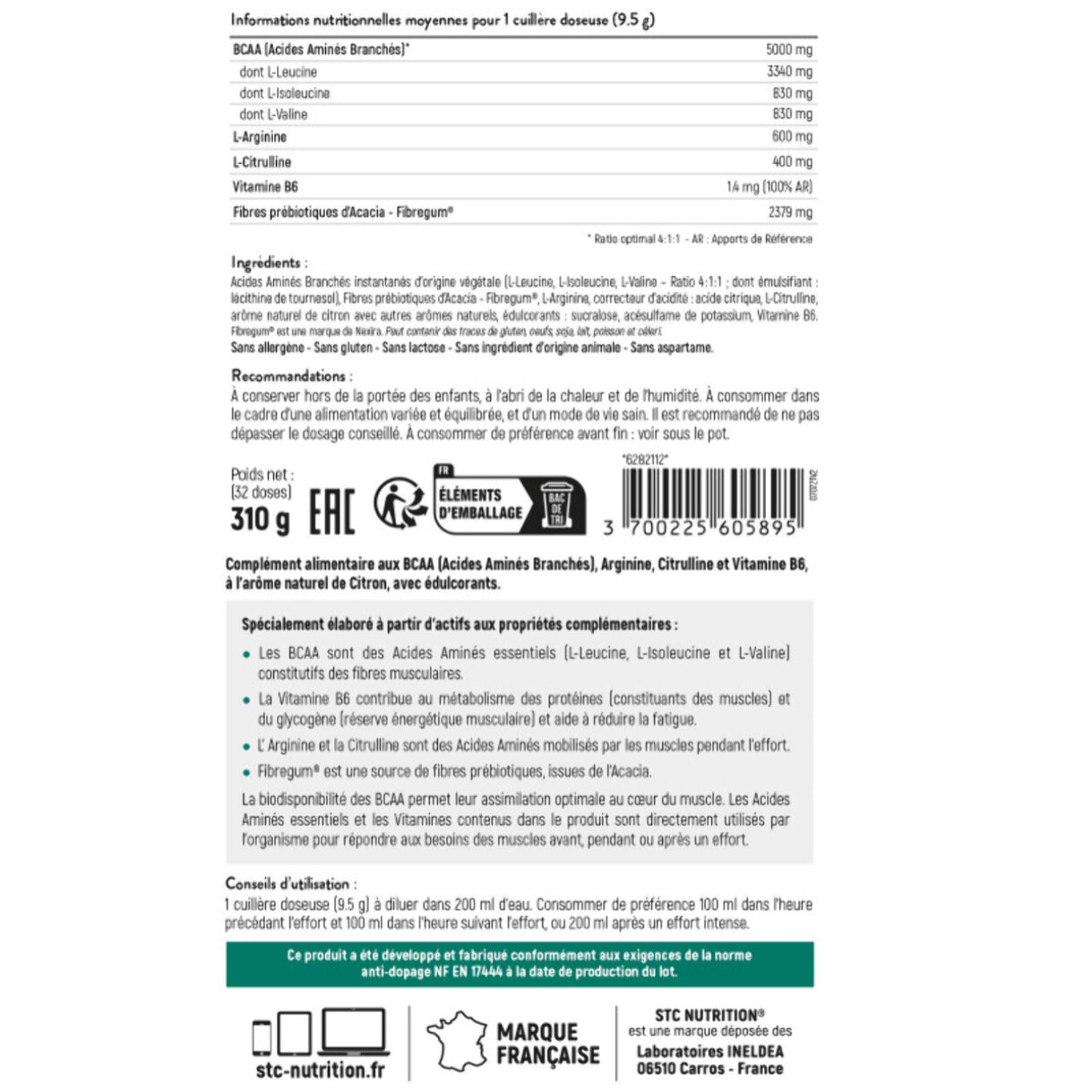 STC NUTRITION - BCAA 4 : 1 : 1 - Favorise un meilleur développement musculaire & une meilleure récupération - Résistance à la fatigue - Ratio optimal Leucine, Valine, Isoleucine - Lot de 3