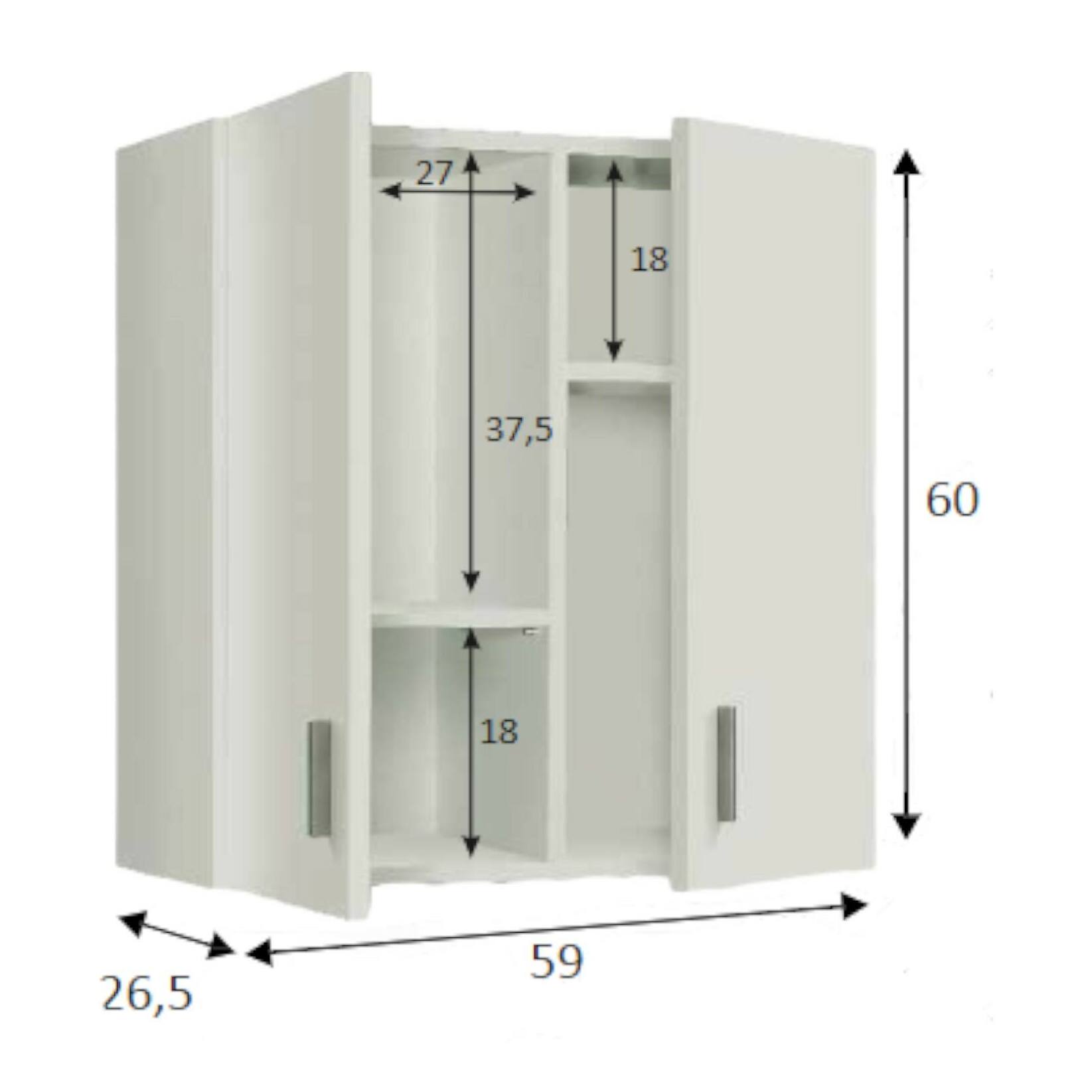 Mobile pensile Detroit, Armadio ausiliare a 2 ante, Armadietto multiuso da bagno o lavanderia, cm 59x27h60, Bianco