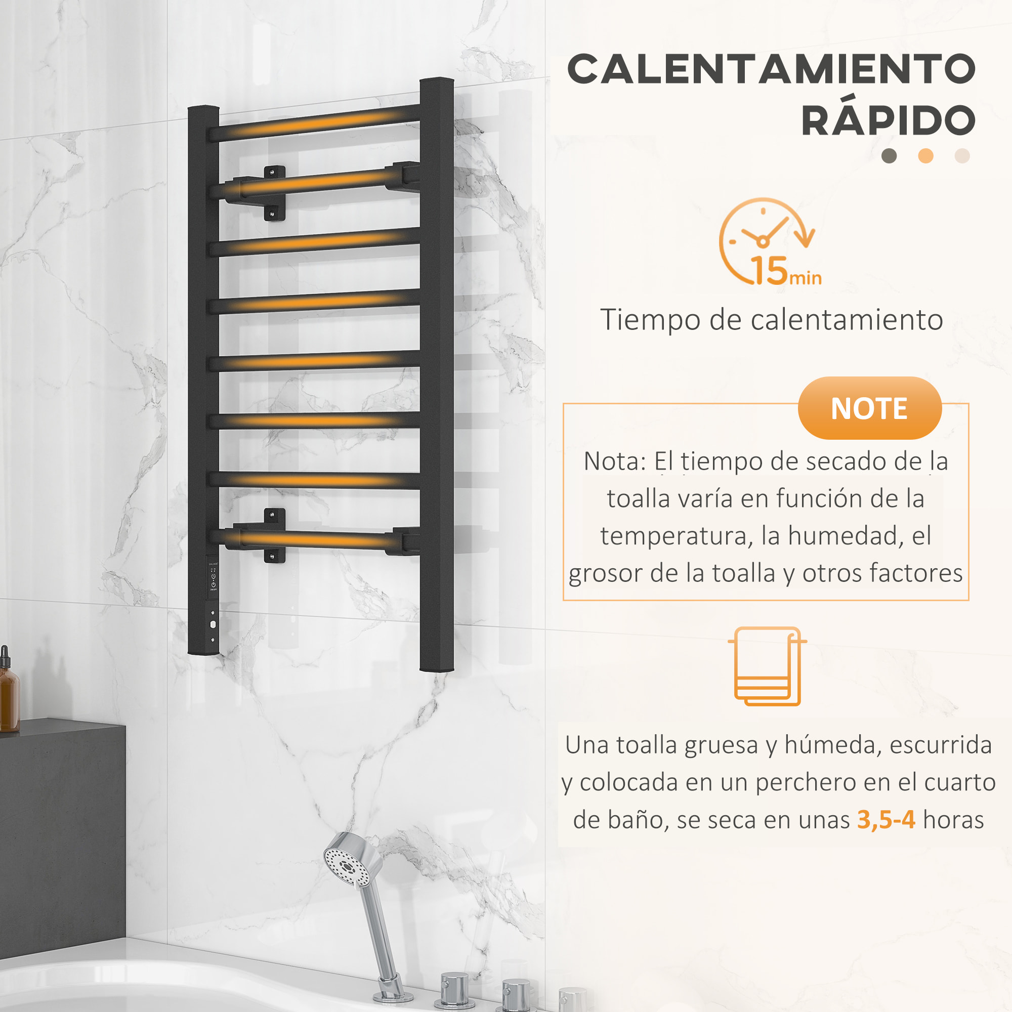 Toallero Eléctrico de Pared o Suelo 150â‚¬Â¯W Calentador de Toallas de Aleación de Aluminio con Función de Temporizador y 8 Barras para Baño 53x35x90 cm Negro