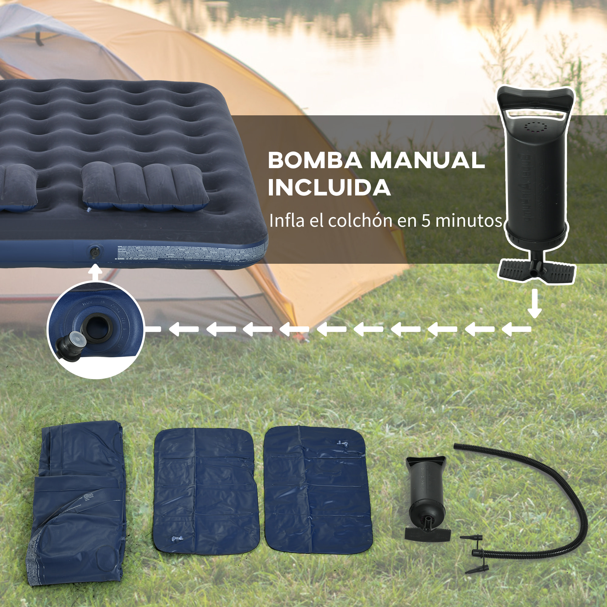 Colchón Hinchable Doble 191x137x22 cm con Inflador Manual Colchón Inflable Plegable con 2 Almohadas Integradas Superficie Flocado para Huéspedes Hogar Viajes Camping