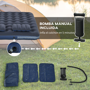 Colchón Hinchable Doble 191x137x22 cm con Inflador Manual Colchón Inflable Plegable con 2 Almohadas Integradas Superficie Flocado para Huéspedes Hogar Viajes Camping