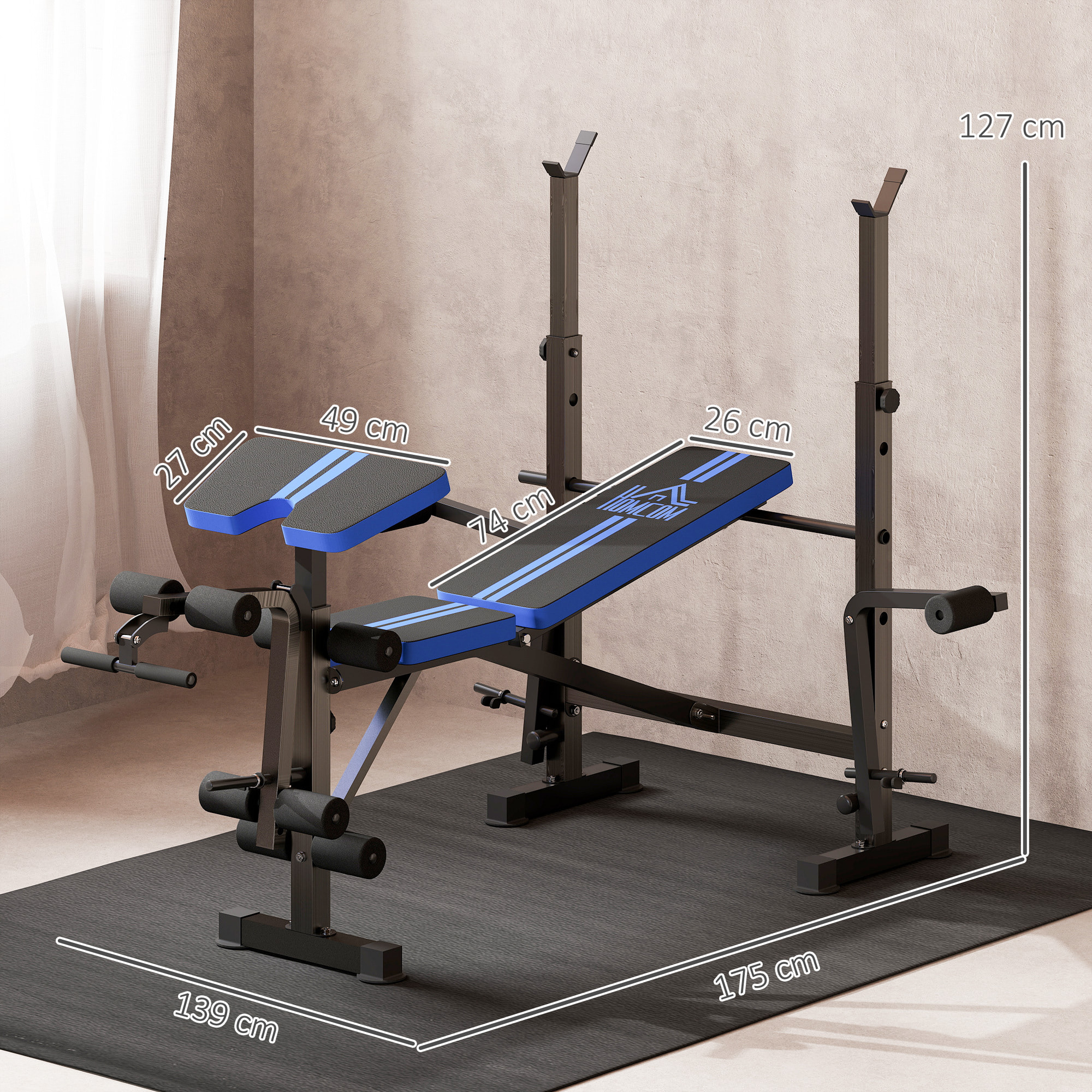 Banco de Musculación Multifuncional, Banco de Pesas con Respaldo Ajustable, Soporte para Barras Regulable, Extensión de Piernas, Curl de Predicador, Mariposa, Entrenamiento Casa Gimnasio, Azul