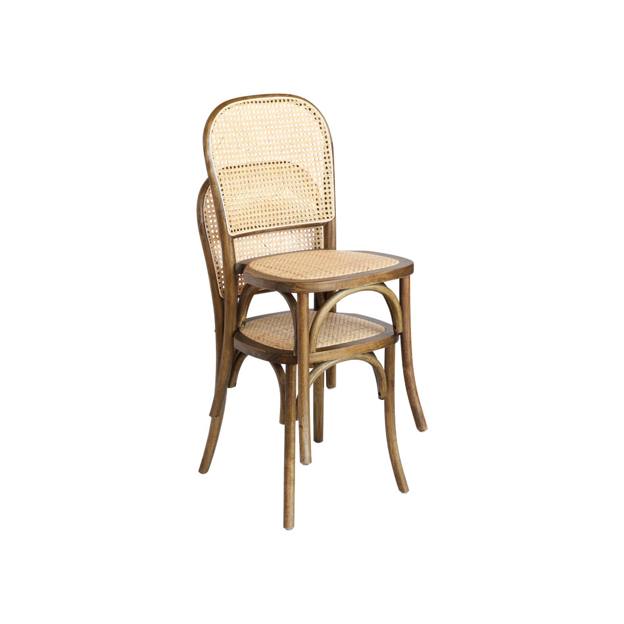 Lot de 4 chaises vintage en bois avec assise et dossier en rotin. coloris marron vieilli. L 44.5 x P 48 x H 89.5cm