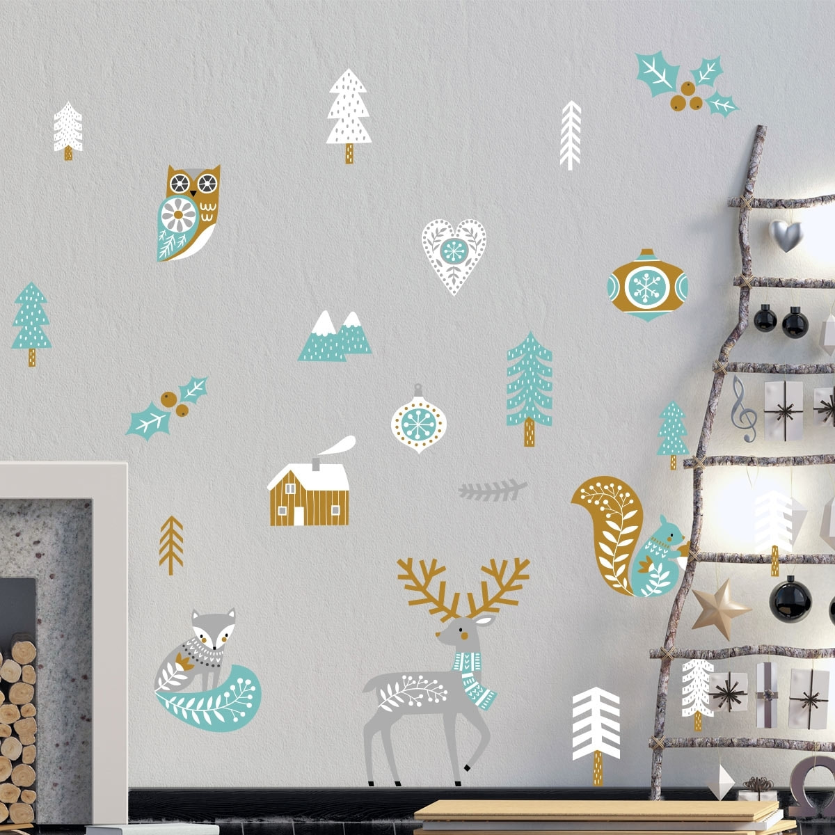 Stickers Noël cerf et renard scandinave - Autocollants stickers adhésifs noël - décoration fêtes