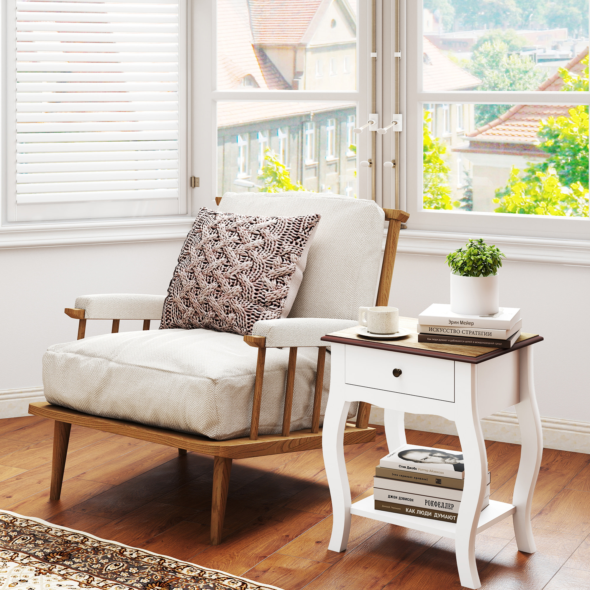 Pack de 2 Mesitas de Noche Mesillas de Noche Dormitorio con Cajón Estante Abierto y Tapa Efecto Roble Estilo Francés para Salón 45x35x55 cm Blanco y Roble