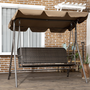 Columpio de Jardín Exterior de 3 Plazas Balancín de Jardín Exterior con Toldo Ajustable Asiento de Ratán PE y Reposabrazos para Balcón Terraza Patio Carga 240 kg 167x112x153 cm Marrón