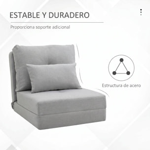 HOMCOM Sofá Cama Individual Plegable 3 en 1, Sofá Cama, Tapizado en Lino, con Respaldo Ajustable 5 Posiciones, Almohadas, Marco Metálico, para Dormitorio, Salón, Gris Claro