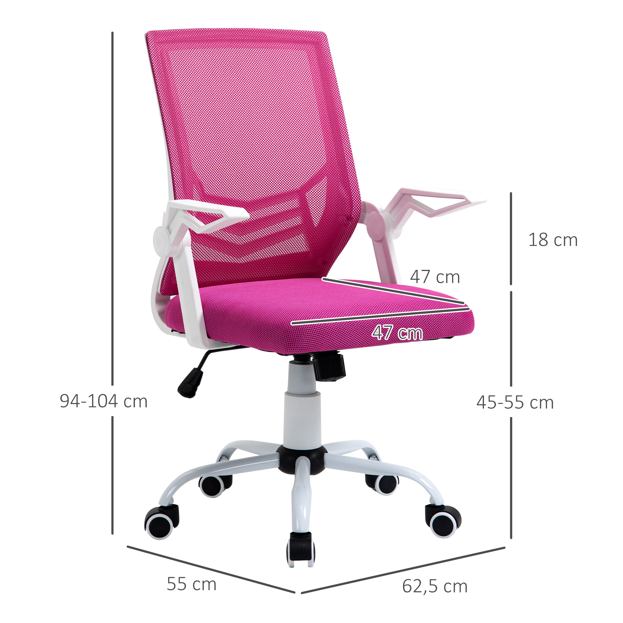 Vinsetto Silla de Oficina Ergonómica Silla Escritorio Giratoria con Altura Ajustable Reposabrazos Abatible Soporte Lumbar Transpirable para Adolescentes Adultos 62,5x55x94-104 cm Rosa