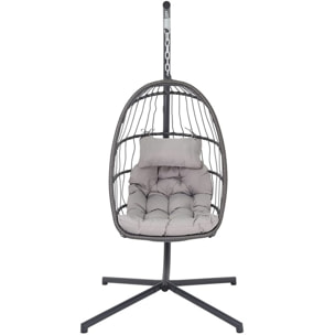 Poltrona Pensile Pieghevole Grigia in Rattan Interno Esterno, Amaca da Giardino Sospesa con Cuscino imbottito incluso