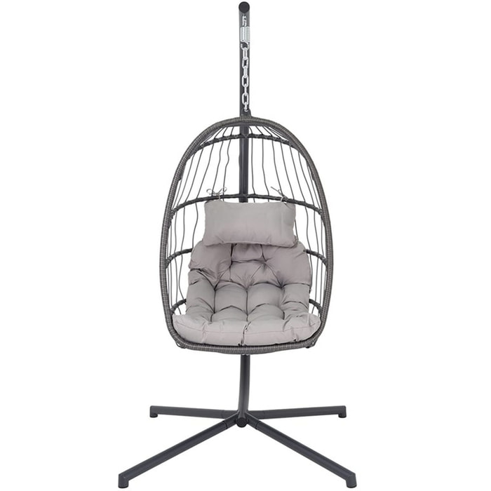 Poltrona Pensile Pieghevole Grigia in Rattan Interno Esterno, Amaca da Giardino Sospesa con Cuscino imbottito incluso