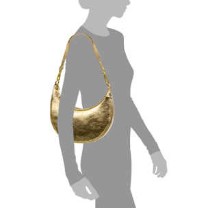 Asís bolso bandolera y mano, de piel auténtica acabado gamuza laminada, con diseño en media luna.