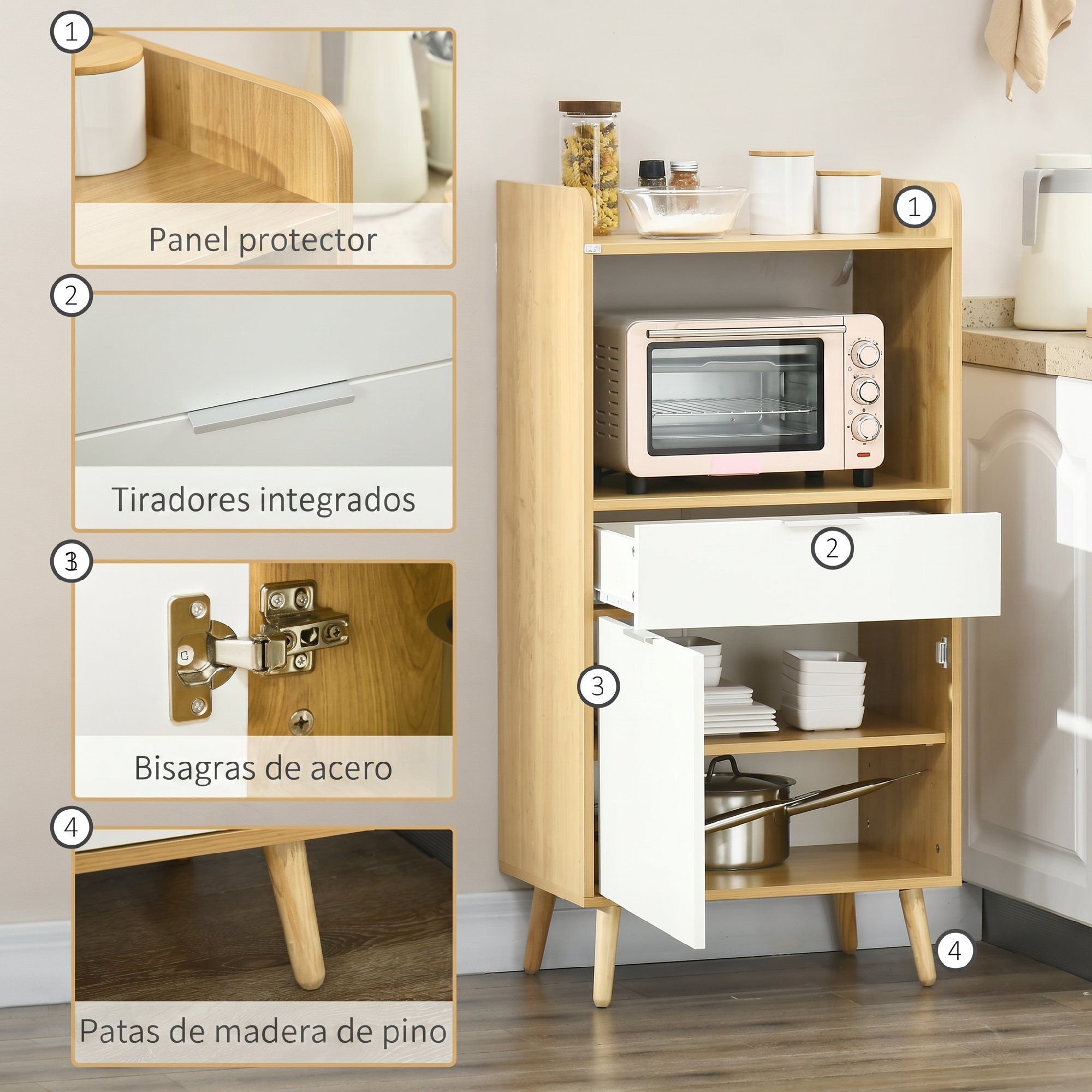 Mueble Microondas, Mueble Auxiliar de Cocina, Estilo Escandinavo con Armario, Cajón y Estante Ajustable, 58x40x118 cm, Natural y Blanco