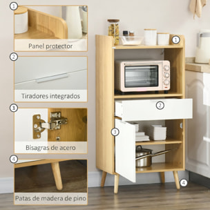 Mueble Microondas, Mueble Auxiliar de Cocina, Estilo Escandinavo con Armario, Cajón y Estante Ajustable, 58x40x118 cm, Natural y Blanco