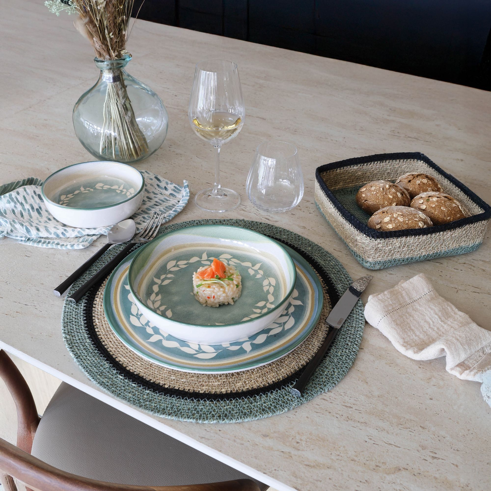 Lot de 6 sets de table en jonc de mer naturel et vert d38cm IRIS