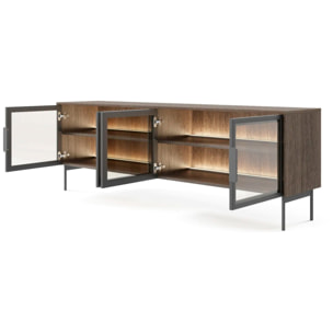 Mobile Porta TV Con 4 Ante In Vetro Temperato E Luce Led Integrata Ampio Spazio Design Elegante Moderno Soggiorno Camera 181.3 x 39.3 x 61.6 cm Rovere scuro