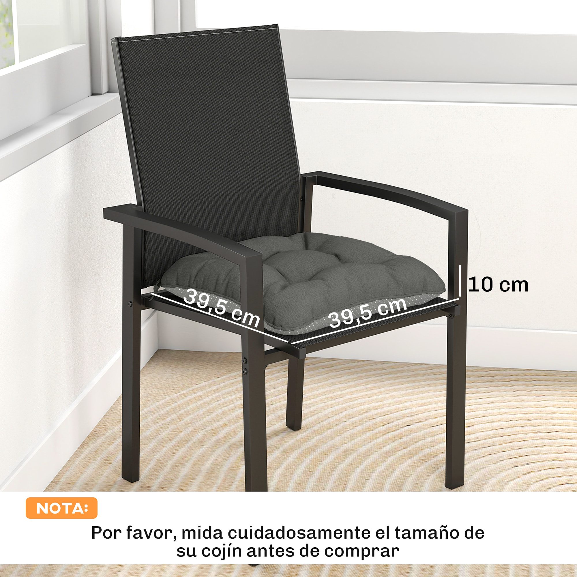 Set de 4 Cojines para Sillas, Cojines para Jardín, Colchones de Silla con Lazos y Base Antideslizante, Impermeables, Protección UV30+, para Interior y Exterior, 39,5x39,5x10 cm, Gris Oscuro